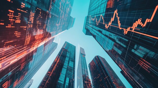 Digital financial graphs overlaying skyscrapers, symbolizing the stock market's role in shaping modern urban areas.