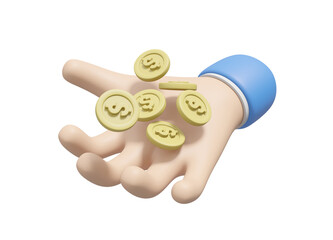 3D illustration with icon of business hand holding coin in giving gesture, isolated on a transparent background. It is a symbol of financial support and generosity.