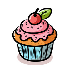 Cupcake with cream and cherry, in line art style in color, repeating pattern. Design for packaging food, sweets, coffee, vector