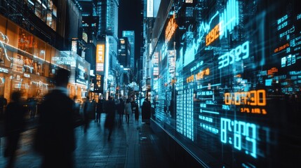 Digital indicators merge with a bustling urban area, highlighting the stock market's influence on modern city life.