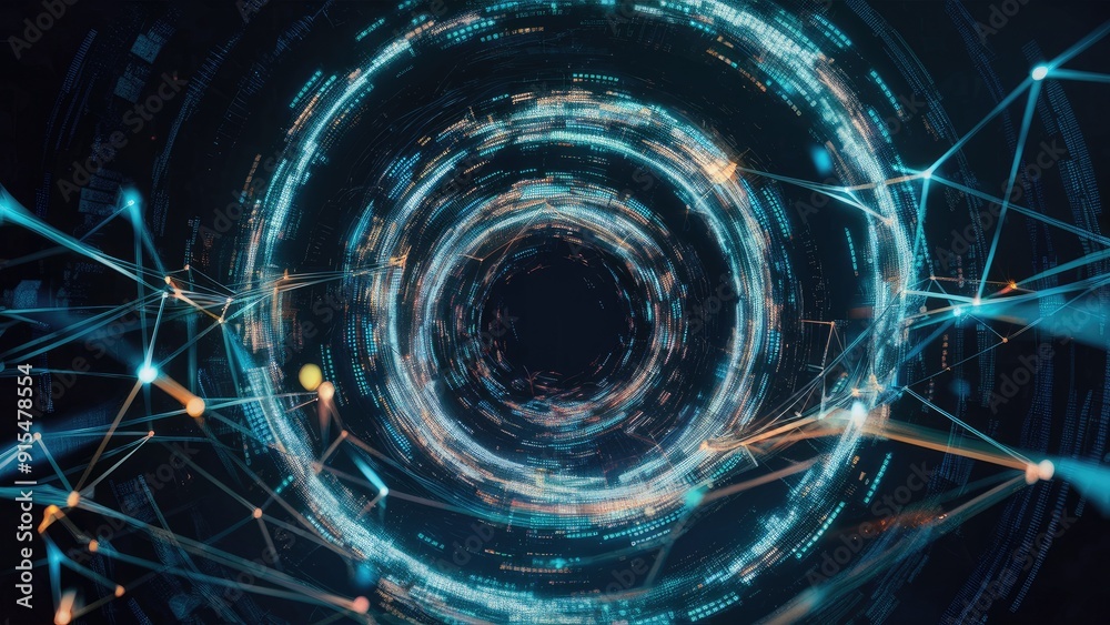 Aufkleber flickering digital dots in a cybernetic background featuring data networking conceptual visualizatio