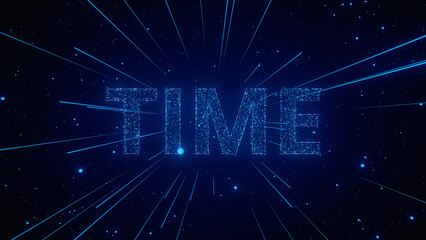 A glowing digital rendering of the word time is surrounded by bright particles against a cosmic background.