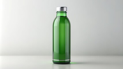 A sleek green glass water bottle stands upright on a white background, featuring a blank label awaiting customization, surrounded by subtle shadows and soft highlights.