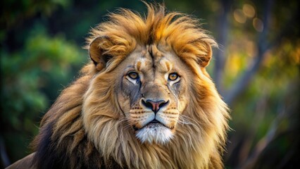 Fototapeta premium Close-up photo of a majestic lion in the wild, lion, wildlife, safari, Africa, predator, majestic, carnivore, mane, nature