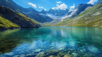 Mountain Lake with Clear Water and Rocks Realistic Image