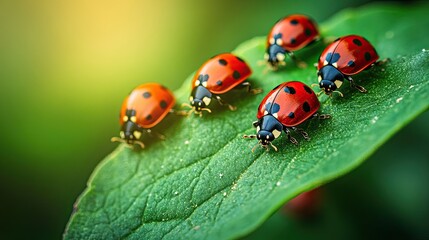 Fototapeta premium Detailed macro of several ladybugs on a leaf, with the background softly out of focus to highlight the insects.