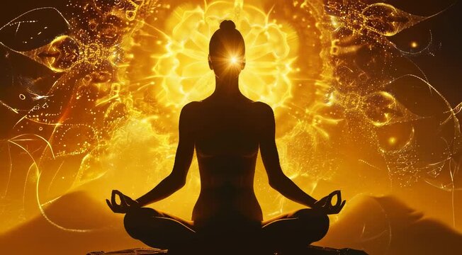 yoga in the lotus position, meditating . solar plexus chakra meditation silhouette, cosmic, radiant, glow,