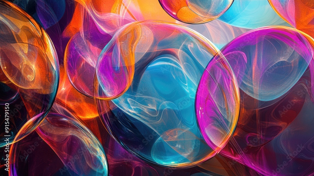 Fototapete A playful and lively abstract design with overlapping soap bubbles in a range of bright colors, perfect for creative and energetic content.