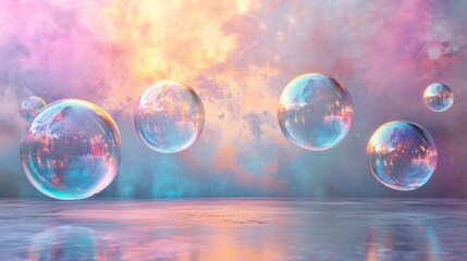 A serene abstract design featuring floating soap bubbles with soft, iridescent colors and gentle lighting, creating a tranquil ambiance.
