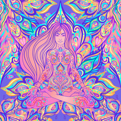 Seamless paisley pattern. Vector ornate illustration. Hippie inspired repeating background. Psychedelic concept. Buddhism, trance music. Esoteric art.