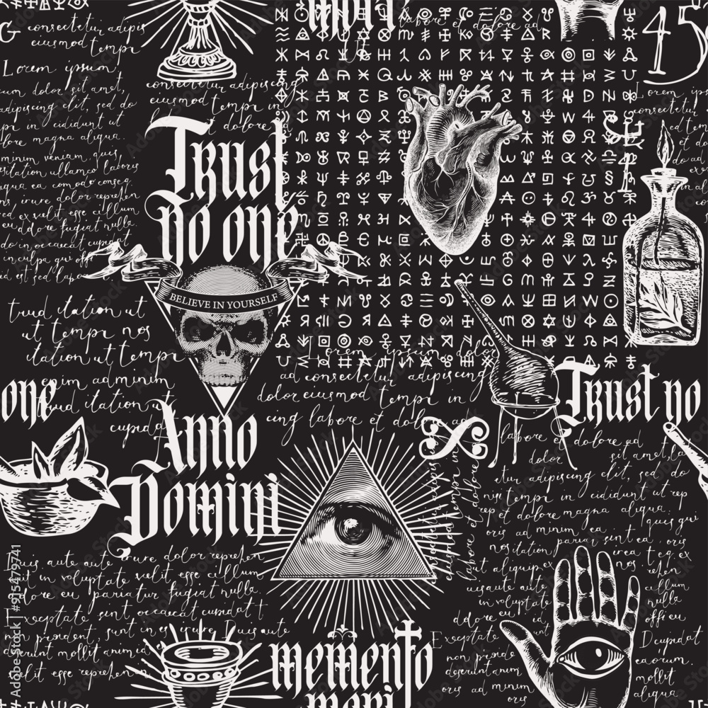 Canvas Prints vintage hand-drawn seamless pattern on occultism, satanism and witchcraft. abstract background with 