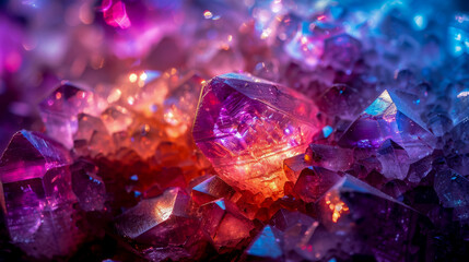 Amethyst crystal cluster glowing with vibrant purple and pink light with a shallow depth of field