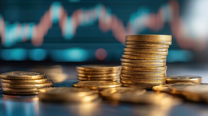 A stack of gold coins with a stock market chart in the background, representing investment and financial growth. Great for financial content.