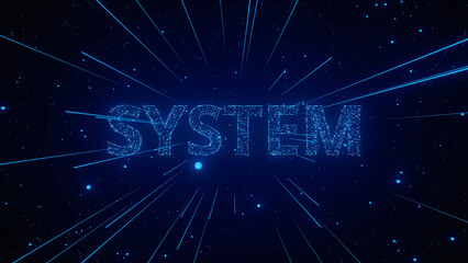 Fototapeta premium A visual display features the word system, created with glowing particles radiating outward against a dark background.