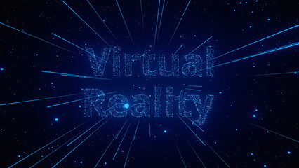 A vibrant display of particles radiates around the words Virtual Reality, creating an immersive and dynamic atmosphere.