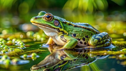 Obraz premium A solitary marsh frog, Pelophylax ridibundus, perches on a lake's edge, its vibrant green skin glistening with dew, as it intently surveils its aquatic surroundings.
