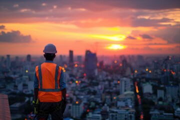 Back view of a happy female worker in a yellow vest and helmet standing with raised hands on a construction site at sunset, showing a concept of success,