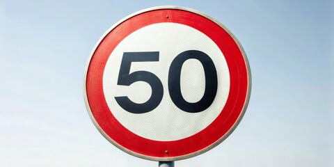 A solitary traffic sign stands against a clean white background, featuring a bold red circle with a prominent white numeral 50, indicating speed limit.