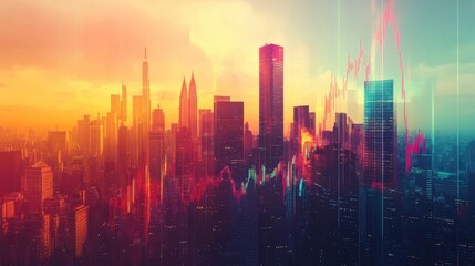 Fototapeta premium Double exposure of financial graphs and a vibrant cityscape, illustrating the stock market's influence on urban growth.