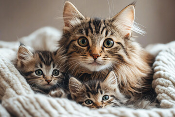 Kocia mama i kocięta na kocyku