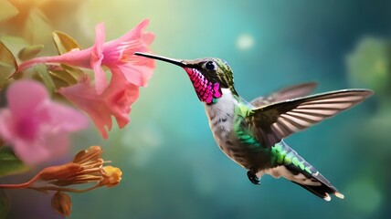 A pastel background with a Long-billed Starthroat hummingbird hovering in the air. A humminbird in midair. A garden bird. A humminbird in its natural habitat. luminous bird in the wild