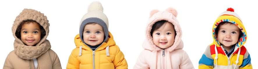 Head shot set of toddlers from different ethnicity wearing warm winter wear
