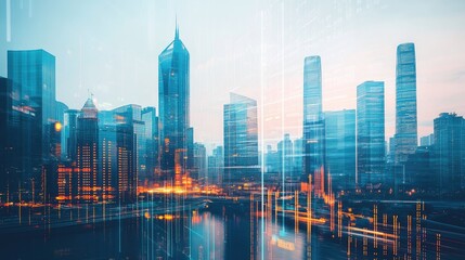 Obraz premium Double exposure of financial indicators and a modern skyline, representing the stock market's impact on urban areas and business growth.