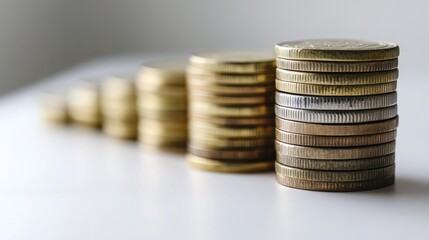 Euro coins stacked neatly in ascending order on a white background, symbolizing financial growth and stability