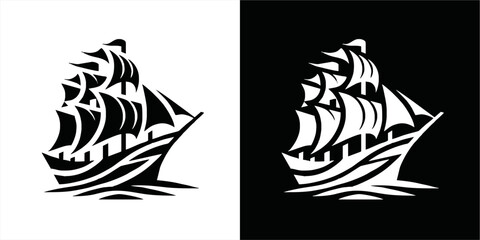 Simple Logo Sailing Ship and Sea Wave vector.silhoutte