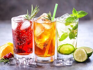 Three glasses of summer cocktails adorned with mint, cucumber, lime, and rosemary are displayed on a bar