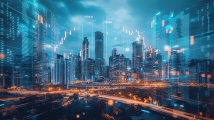 Financial charts merge with a skyline of skyscrapers, highlighting the connection between stock market movements and urban development.