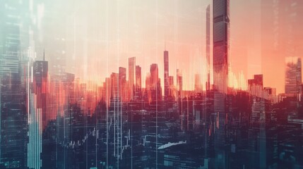 Financial graphs superimposed on a futuristic cityscape, showcasing the integration of stock market data with urban environments.