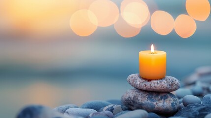 Tranquil Candle Display With Stones and Soft Bokeh Background at Dusk