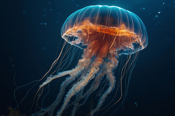 bioluminescent jellyfish drifting through the deep ocean