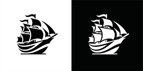 Simple Logo Sailing Ship and Sea Wave vector.silhoutte