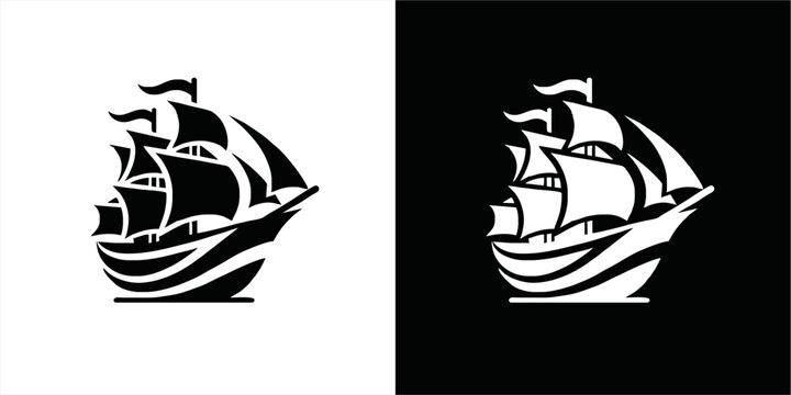 Simple Logo Sailing Ship and Sea Wave vector.silhoutte