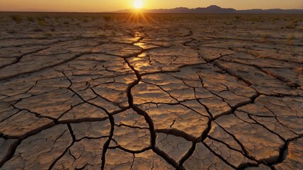 A cracked, dry desert landscape with the sun setting in the distance.
