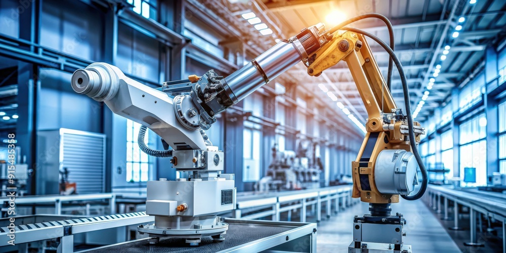 Poster mechanized limb operating intricate equipment in advanced technology setting, mechanized, limb, equi