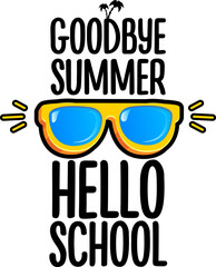Fototapeta premium vector goodbye summer hello school concept illustration with vintage orange summer sunglasses isolated on white. End of summer back to school label, sticker , icon, logo poster design template
