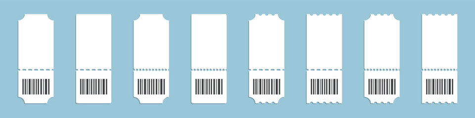 Set of blank ticket template with barcode on a blue background