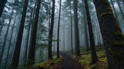 Obraz premium A dense forest with tall trees. The air is thick with fog, making it hard to see through the trees.