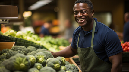 friendly Kroger store employee assisting a customer
