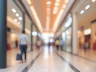 motion blur,blurred view of a shopping mall interior,Shoppers walk along the polished floors,bustling atmosphere.The scene conveys a sense of activity and modern consumer culture,people walking