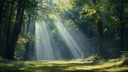Fototapeta premium Majestic woodland scene with rays of sunlight piercing through the dense canopy, illuminating the tranquil surroundings.