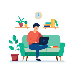 man sitting on couch with laptop flat vector illustration