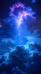 Obraz premium The Blue Jet lightning phenomenon occurs in the upper atmosphere. When powerful blue lightning flashes shoot up from the tops of high cumulonimbus clouds.