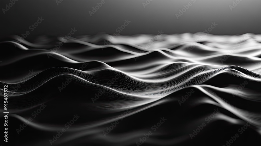 Poster smooth 3d black background with gentle waves and subtle lighting, creating a calm and serene atmosph