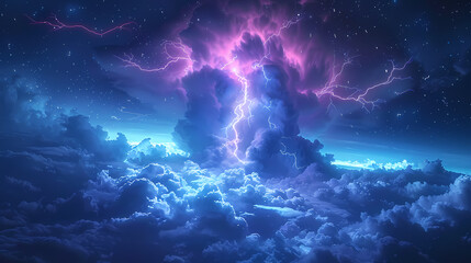 Obraz premium The Blue Jet lightning phenomenon occurs in the upper atmosphere. When powerful blue lightning flashes shoot up from the tops of high cumulonimbus clouds.