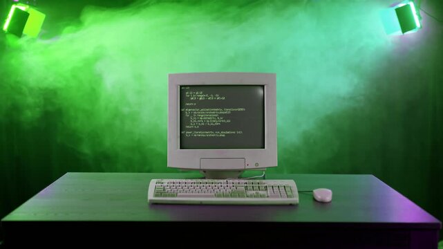 A dramatic front view of mysterious computer code on a retro computer CRT monitor. Hacker concept. Code is fictional and nonsense.  	