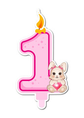 Number 1 with cute bunny and candle on white background. Vector illustration.